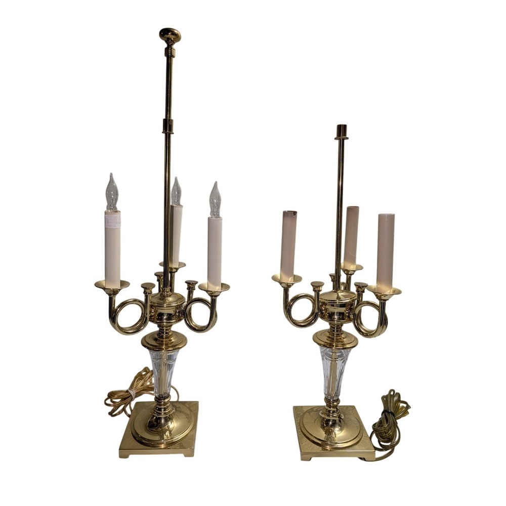 Waterford Overture Fine Cut Crystal and‎ Brass 3-Arm Table Lamp Pair Mint